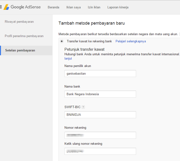 pembayaran adsense dengan transfer bank