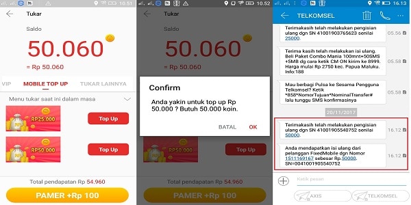 Bukti Pembayaran Pulsa Gratis dari Aplikasi BeeMovie