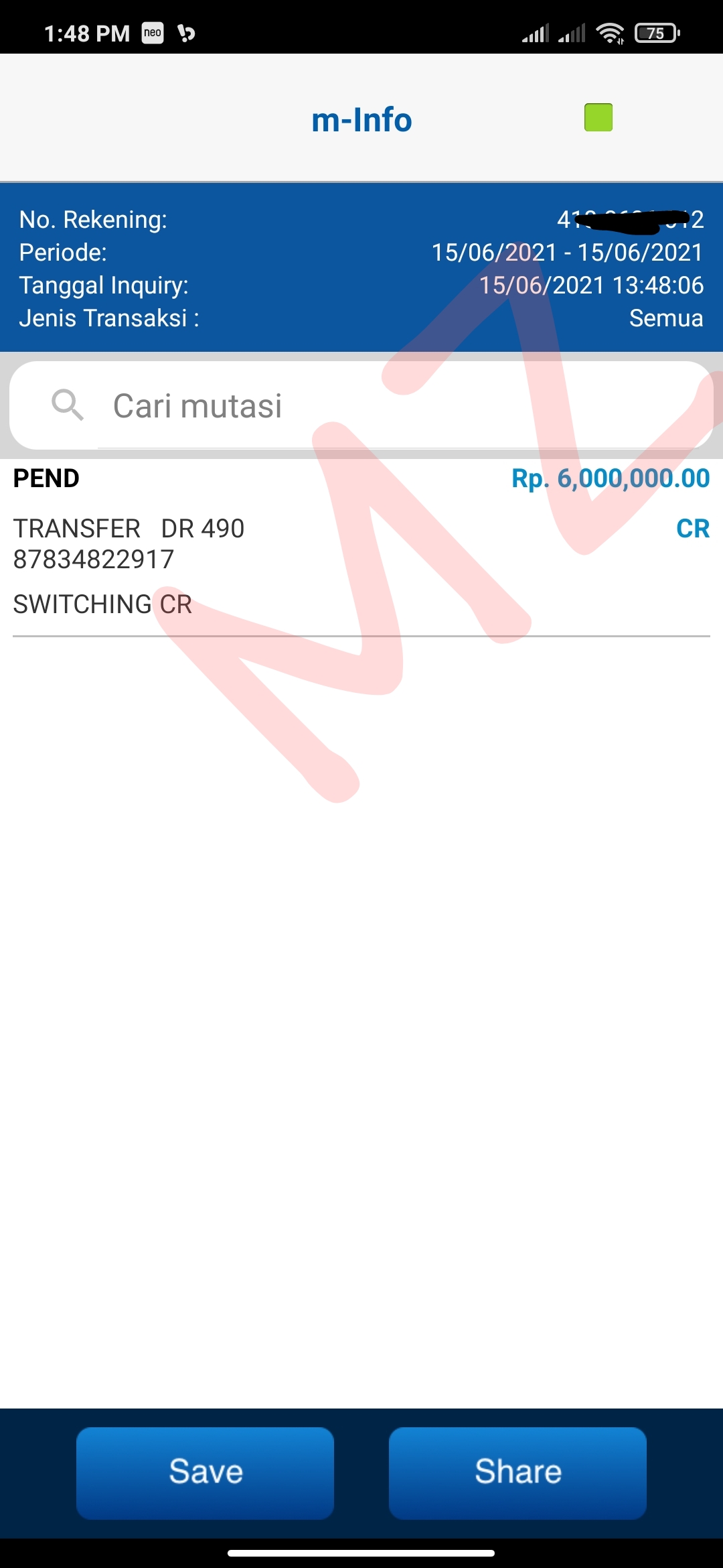 Bukti Pembayaran 6 Juta dari Aplikasi Bank NeoVia Bank BCA